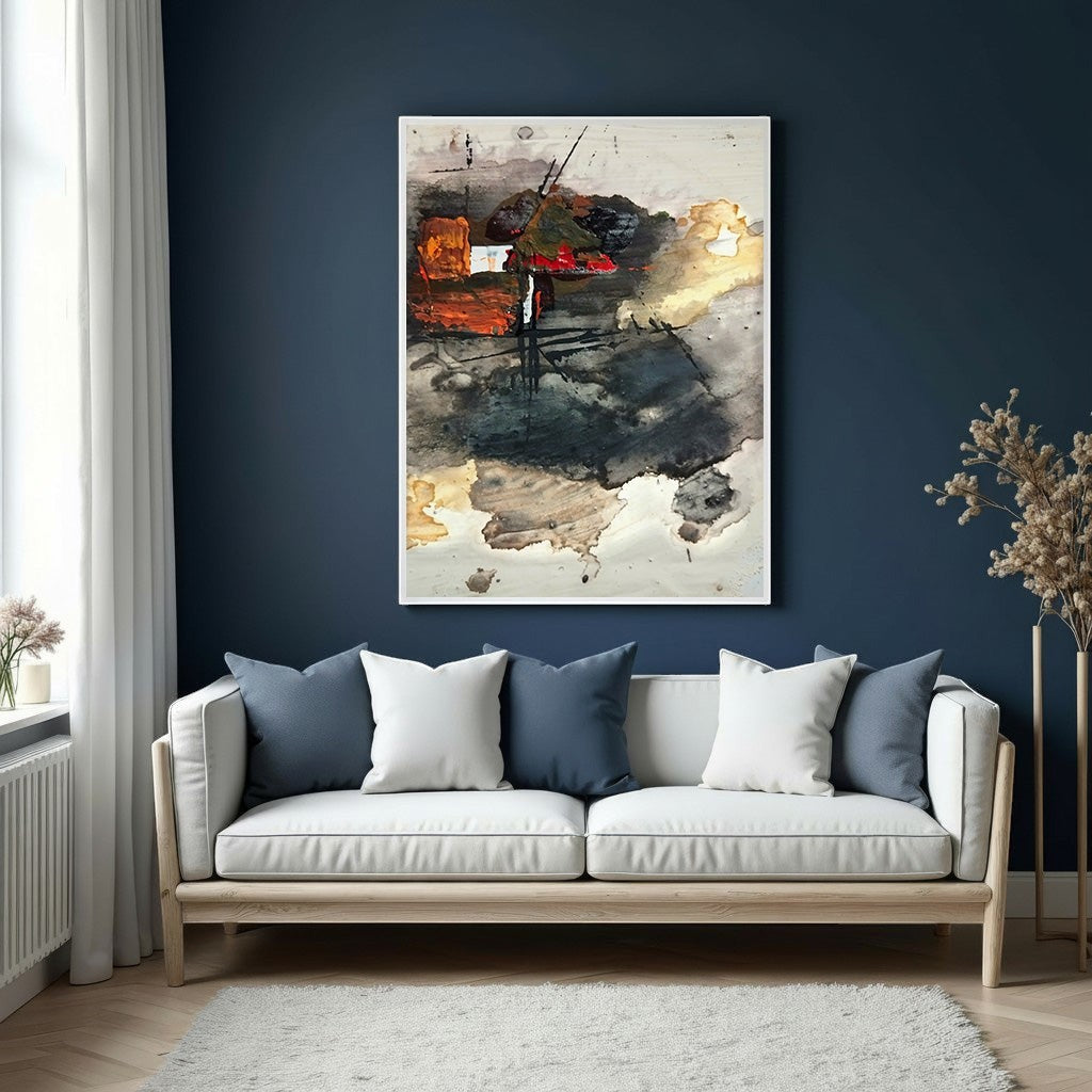 Wadi Home abstract expressionist wall art with bold strokes in earthy tones and vibrant accents, textured finish.