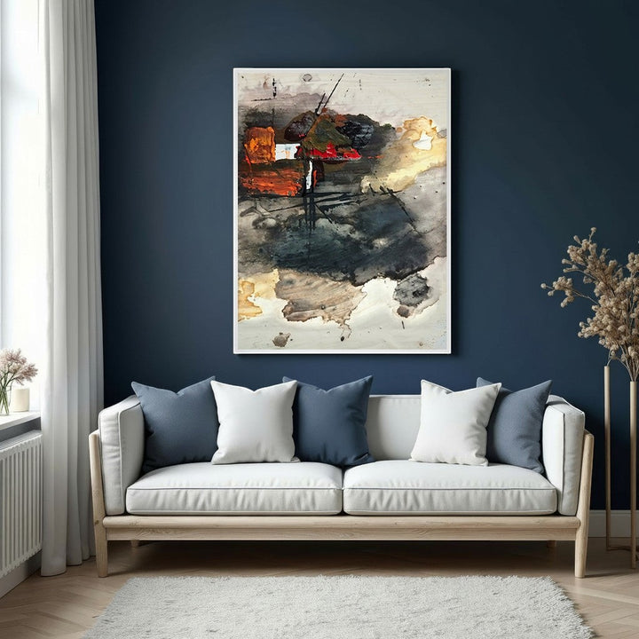 Wadi Home abstract expressionist wall art with bold strokes in earthy tones and vibrant accents, textured finish.