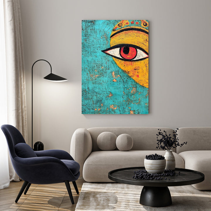 Wadi Home Abstract Eye Canvas Wall Art with turquoise and yellow background, red eye motif.