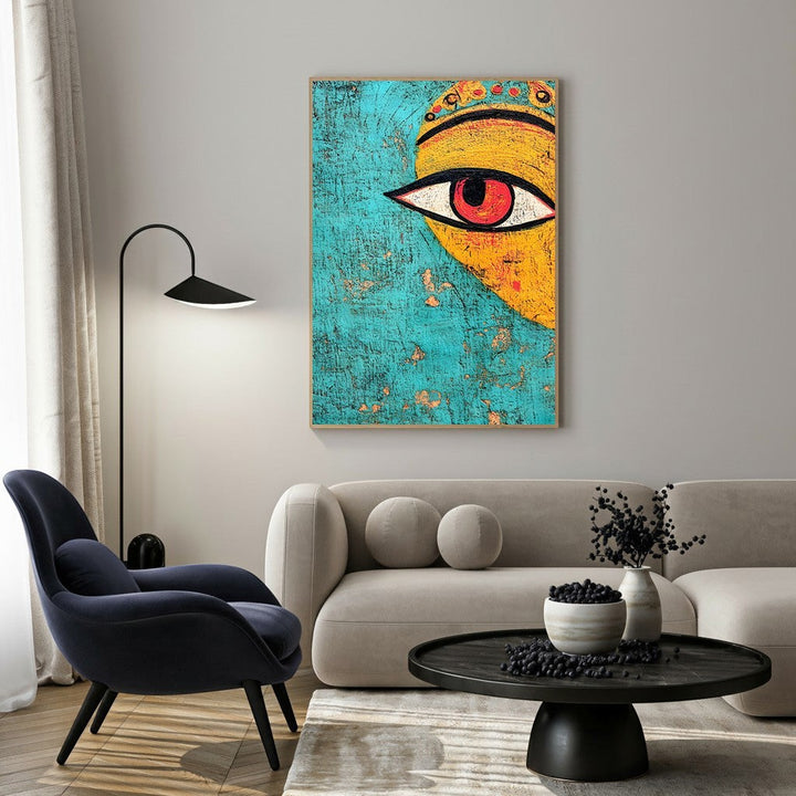 Wadi Home abstract eye canvas wall art with turquoise and yellow background, framed and ready to hang.