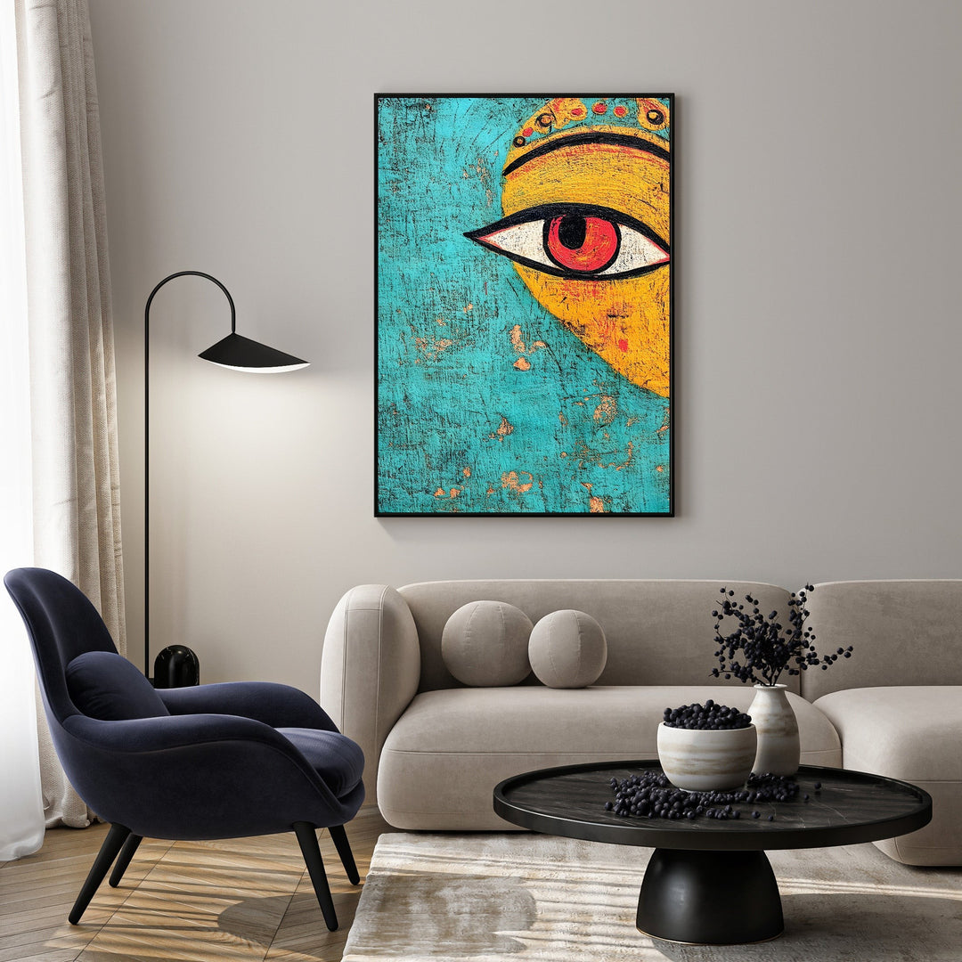 Wadi Home Abstract Eye Canvas Wall Art with turquoise and yellow background, red eye motif, framed.