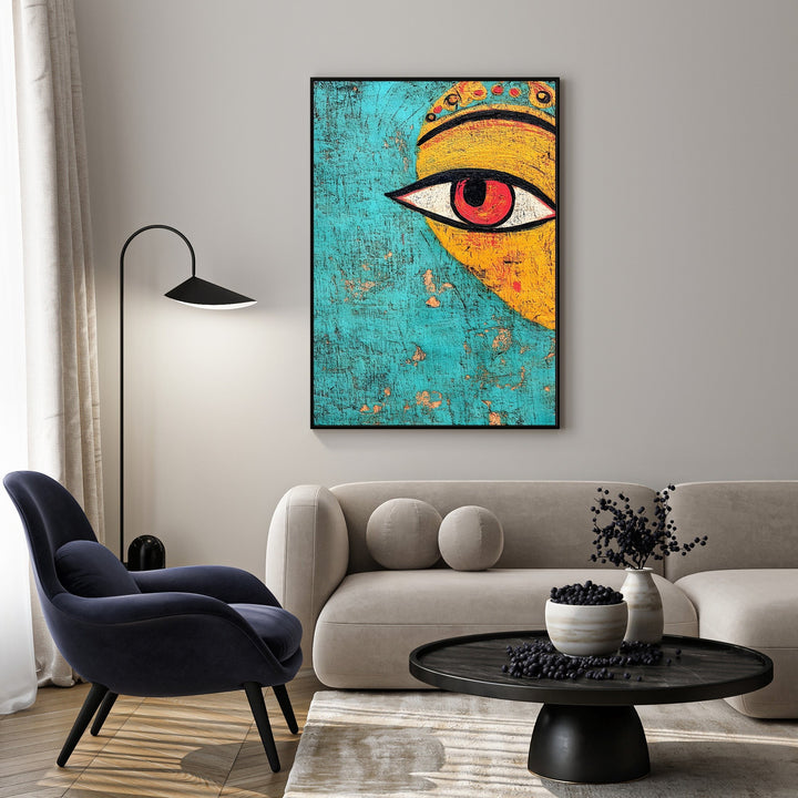 Wadi Home Abstract Eye Canvas Wall Art with turquoise and yellow background, red eye motif, framed.