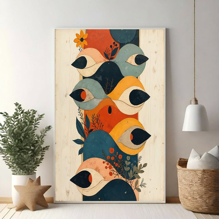 Wadi Home abstract eye motif wall art with stacked eyes, botanical elements, in warm oranges, deep blues, and peaches.