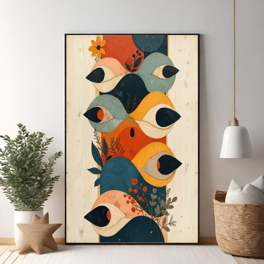 Wadi Home abstract eye motif wall art with stacked eyes in warm oranges, blues, and peaches, intertwined with botanical elements.