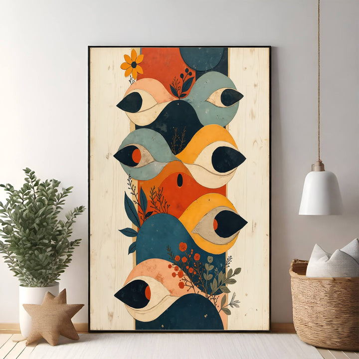 Wadi Home abstract eye motif wall art with stacked eyes in warm oranges, blues, and peaches, intertwined with botanical elements.