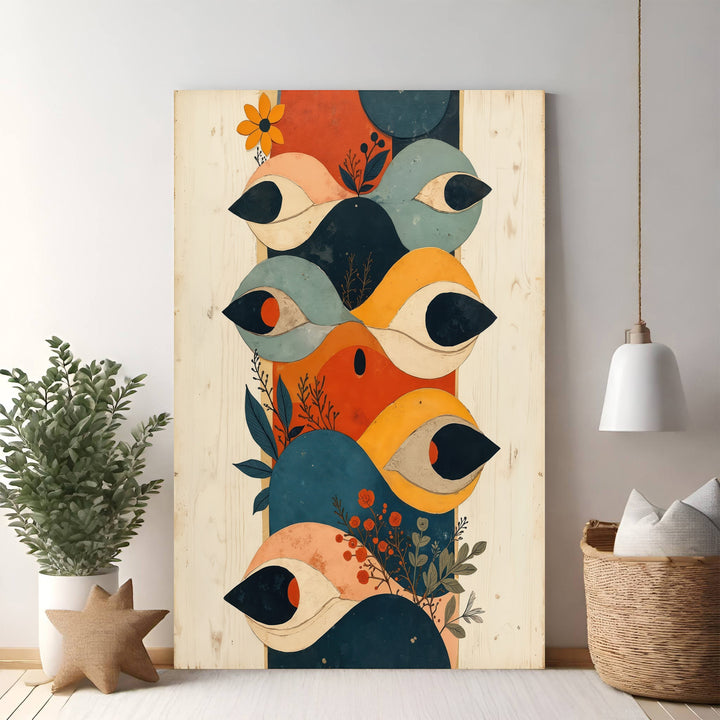 Wadi Home abstract eye motif wall art with stacked eyes in warm oranges, blues, and peaches, featuring botanical elements.