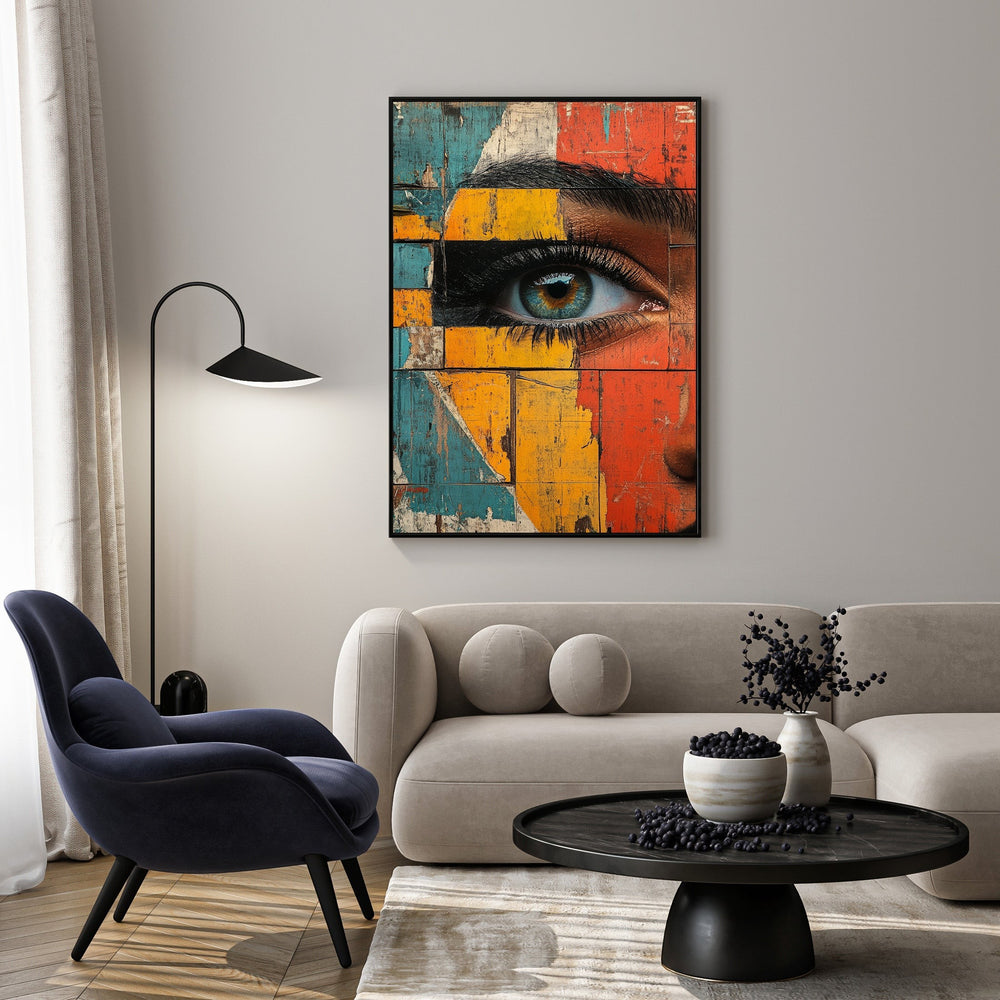 Wadi Home abstract eye portrait wall art on distressed wood panels in red, yellow, and blue. Modern art.