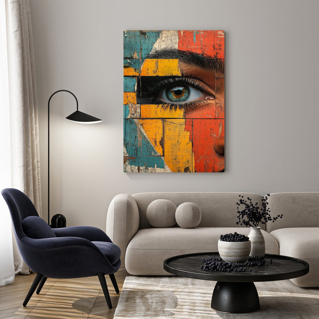 Wadi Home abstract eye portrait wall art on distressed wood panels in red, yellow, and blue. Modern art.