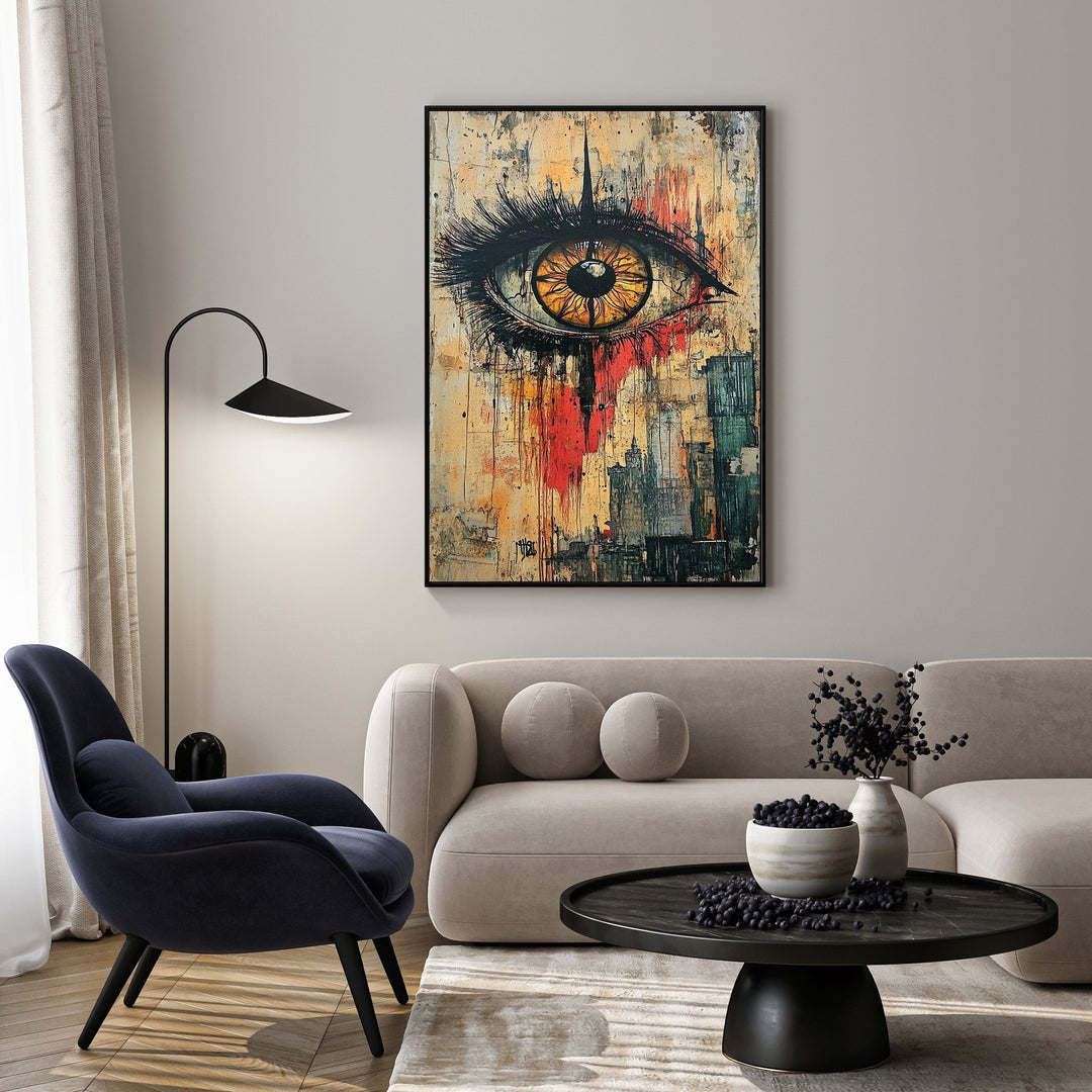 Wadi Home abstract eye wall art with vibrant yellow, red, and blue tones, textured background, and urban elements.