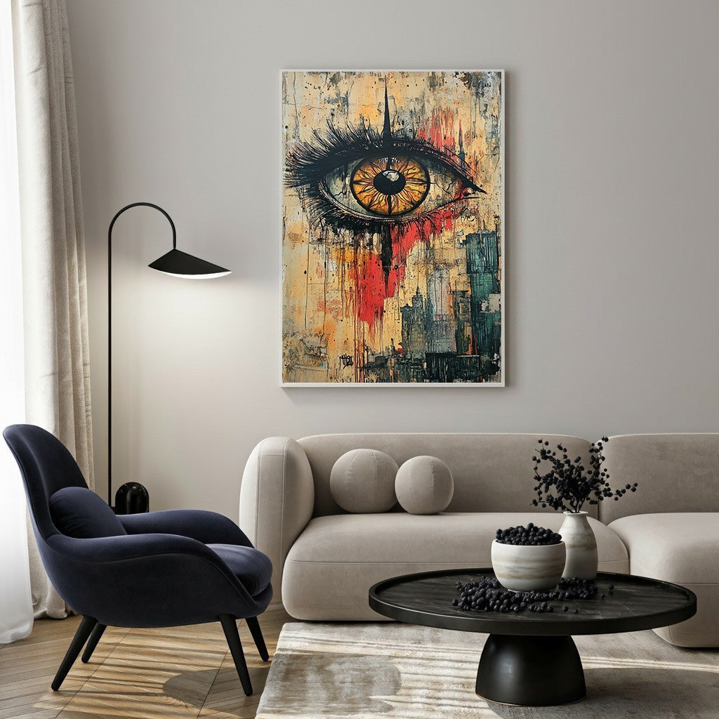 Wadi Home abstract eye wall art with yellow, red, and blue palette, textured background, and urban cityscape elements.