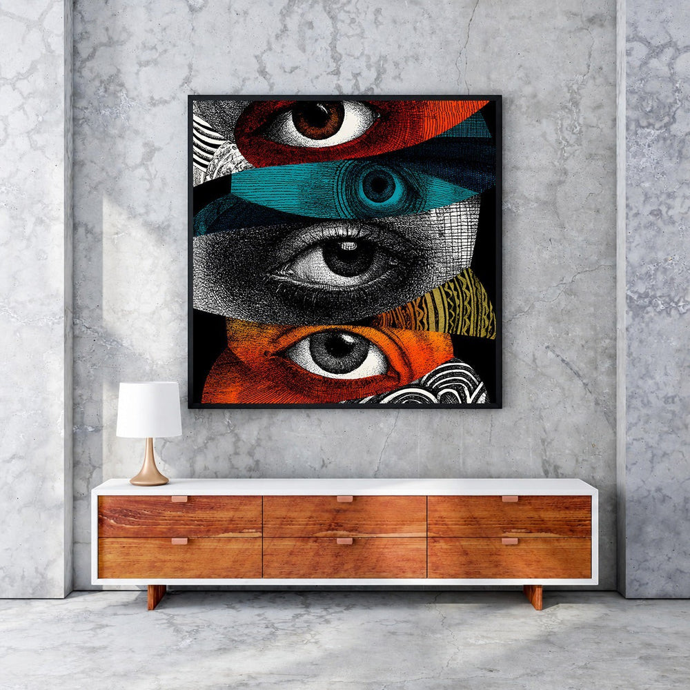 Wadi Home abstract eyes collage wall art with bold colors and intricate textures, featuring diverse eye motifs.