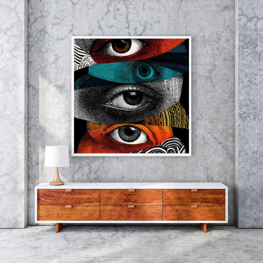Wadi Home abstract eyes collage wall art with bold colors and intricate textures, featuring diverse eye motifs.