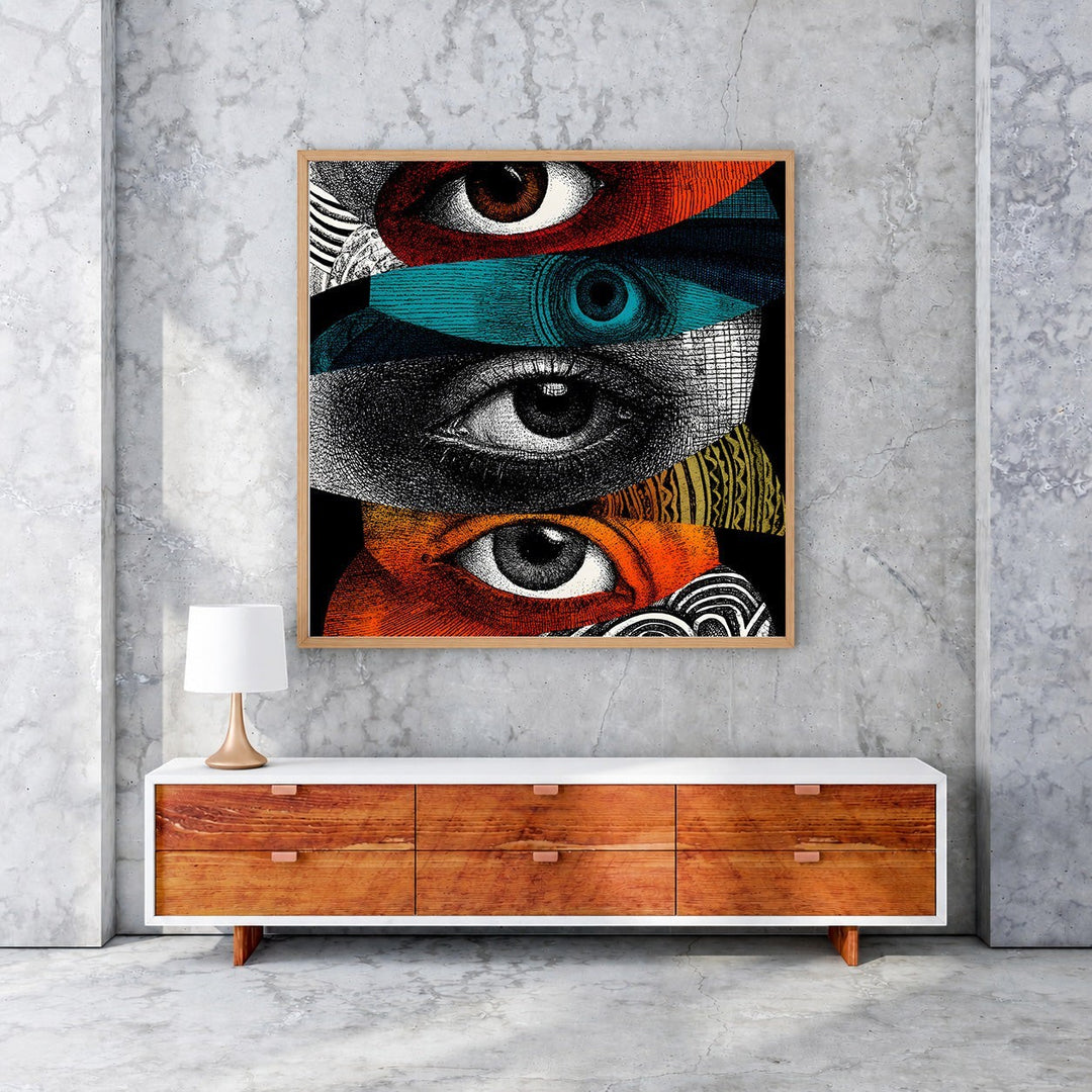 Wadi Home abstract collage wall art featuring stacked eyes in vibrant colors and textures. Framed print.