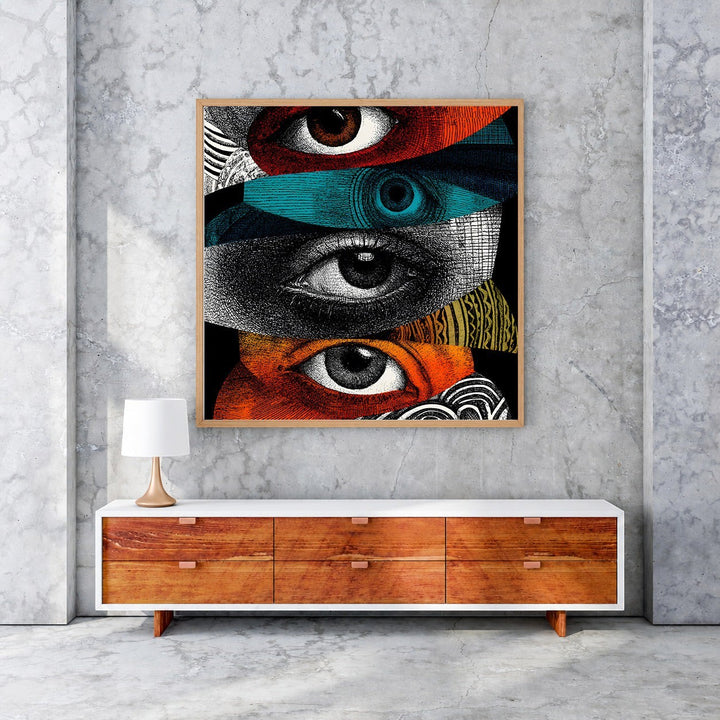 Wadi Home abstract collage wall art featuring stacked eyes in vibrant colors and textures. Framed print.