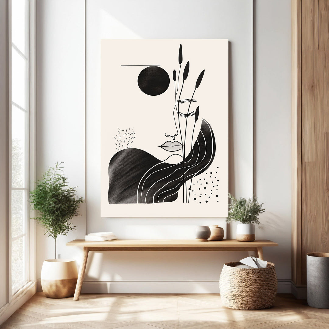 Wadi Home abstract black and cream wall art featuring a face with botanical elements and a sun motif.