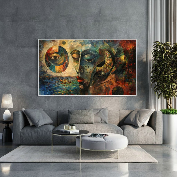 Wadi Home abstract wall art featuring a face and eye motif in blues, greens, oranges, and reds. Modern, eclectic decor.