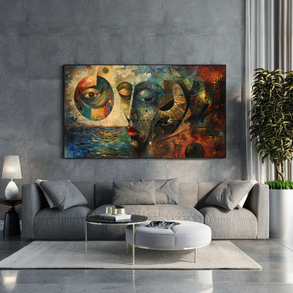 Wadi Home abstract wall art with face and eye motifs in blues, greens, oranges, and reds. Modern eclectic decor.