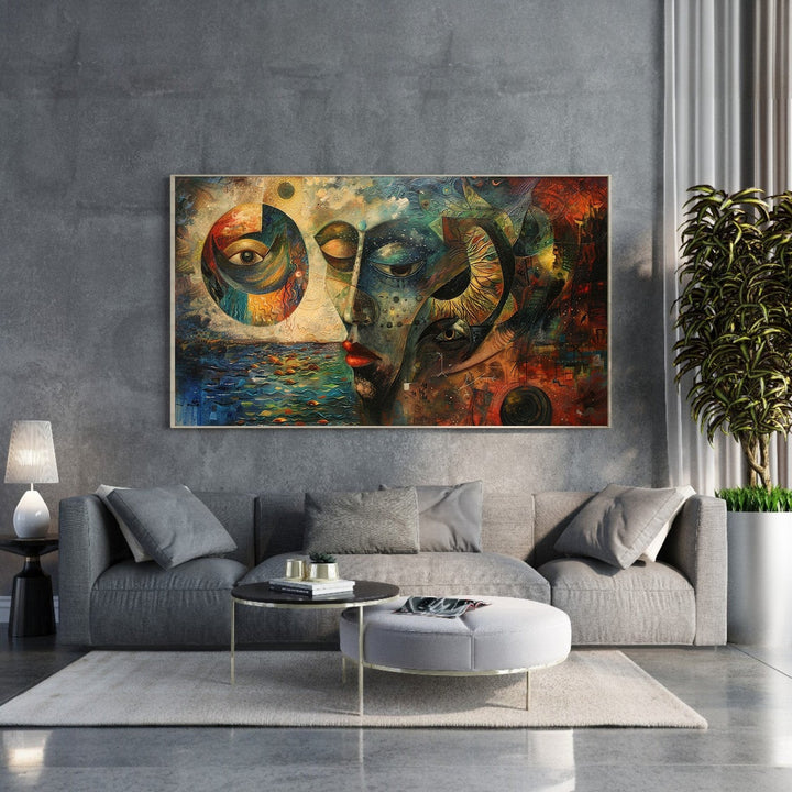 Wadi Home abstract wall art featuring a face and eye motif in blues, greens, oranges, and reds, displayed in a modern living room.