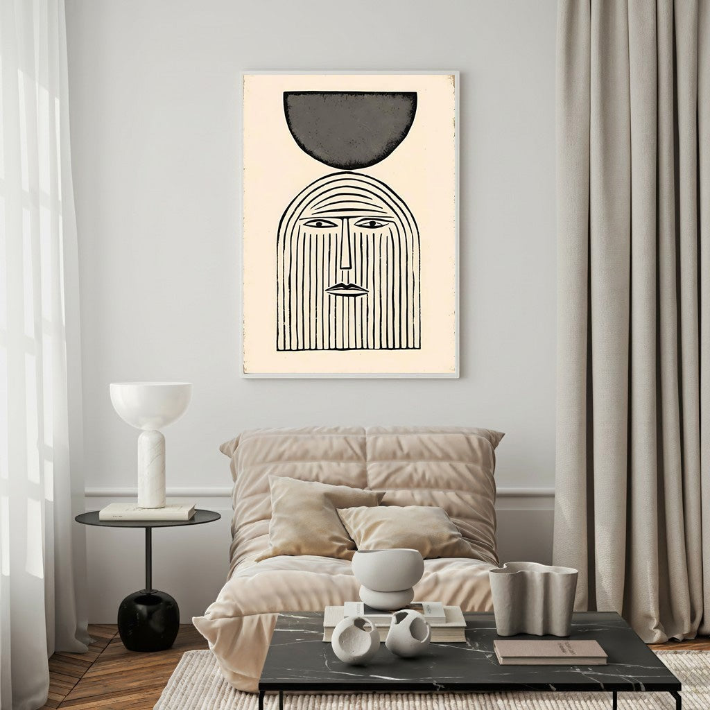 Wadi Home abstract face wall art with geometric shape in black and cream, minimalist line art.