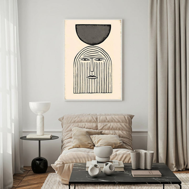 Wadi Home abstract face wall art with geometric shape in black and cream, minimalist line art.