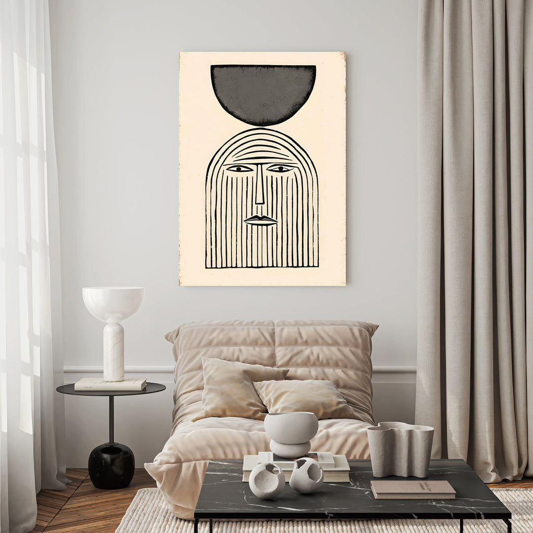 Wadi Home abstract wall art with minimalist face and geometric shape in black and cream.