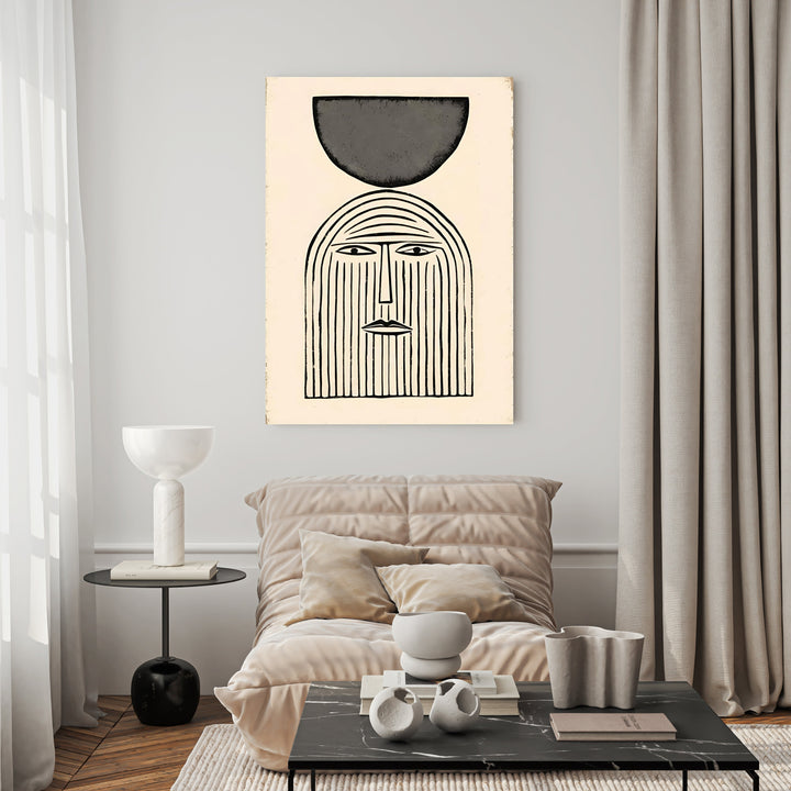 Wadi Home abstract wall art with minimalist face and geometric shape in black and cream.