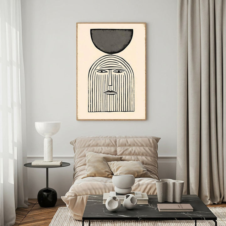 Wadi Home abstract wall art featuring a minimalist face with vertical lines and a black geometric shape above. Monochromatic.