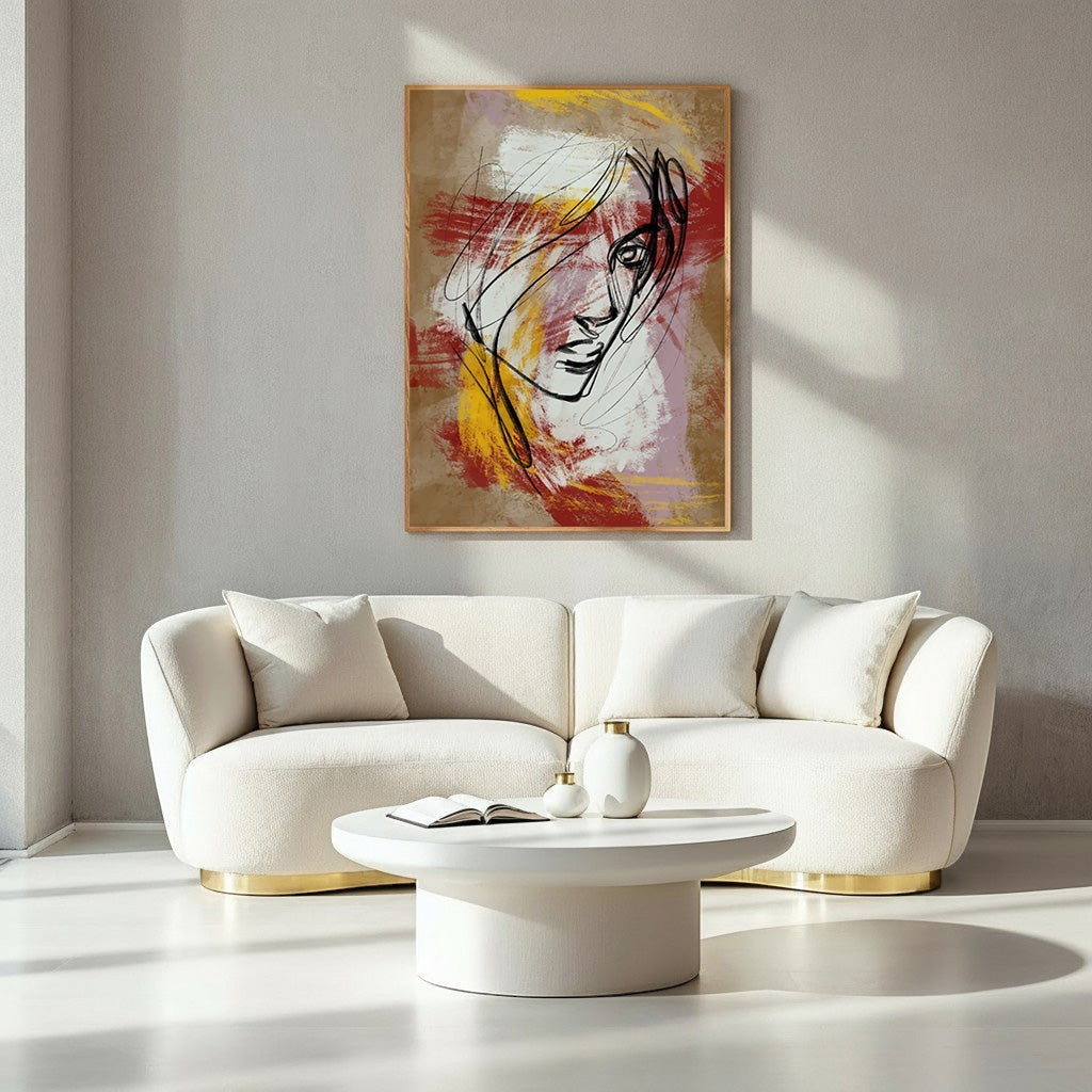 Wadi Home abstract face line art painting with red, yellow, and white brushstrokes on a neutral background.