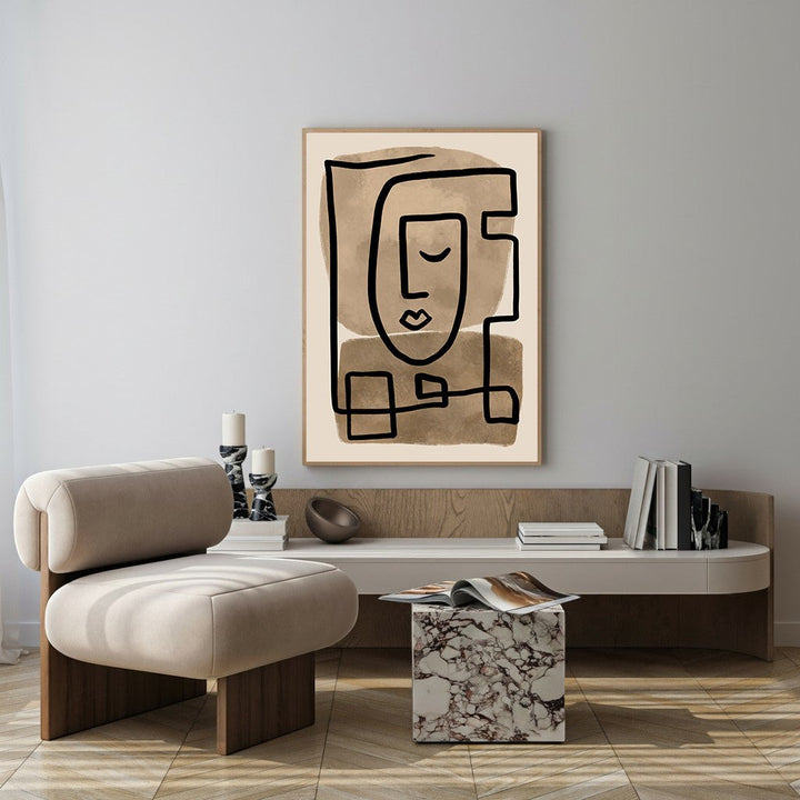 Wadi Home abstract face line art print with black lines on a neutral background, modern minimalist wall art.