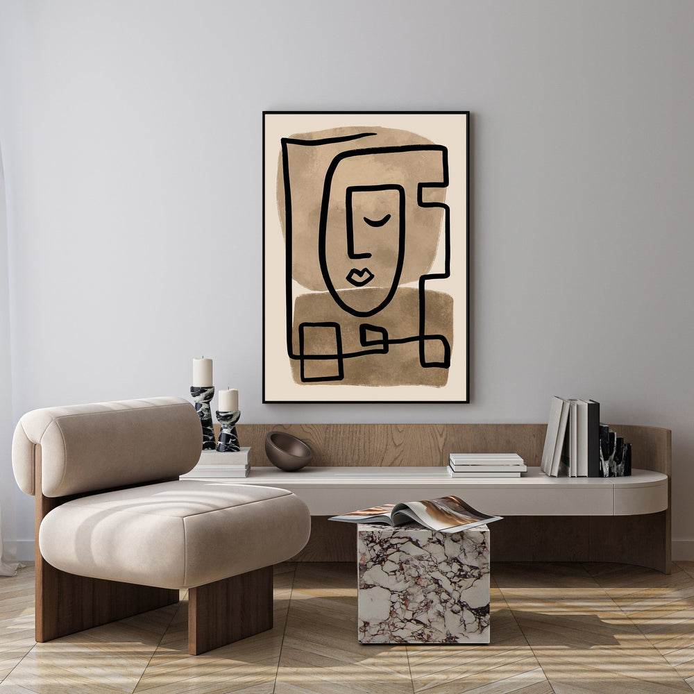 Wadi Home abstract face line art print with bold black lines on a neutral background, modern minimalist wall art.