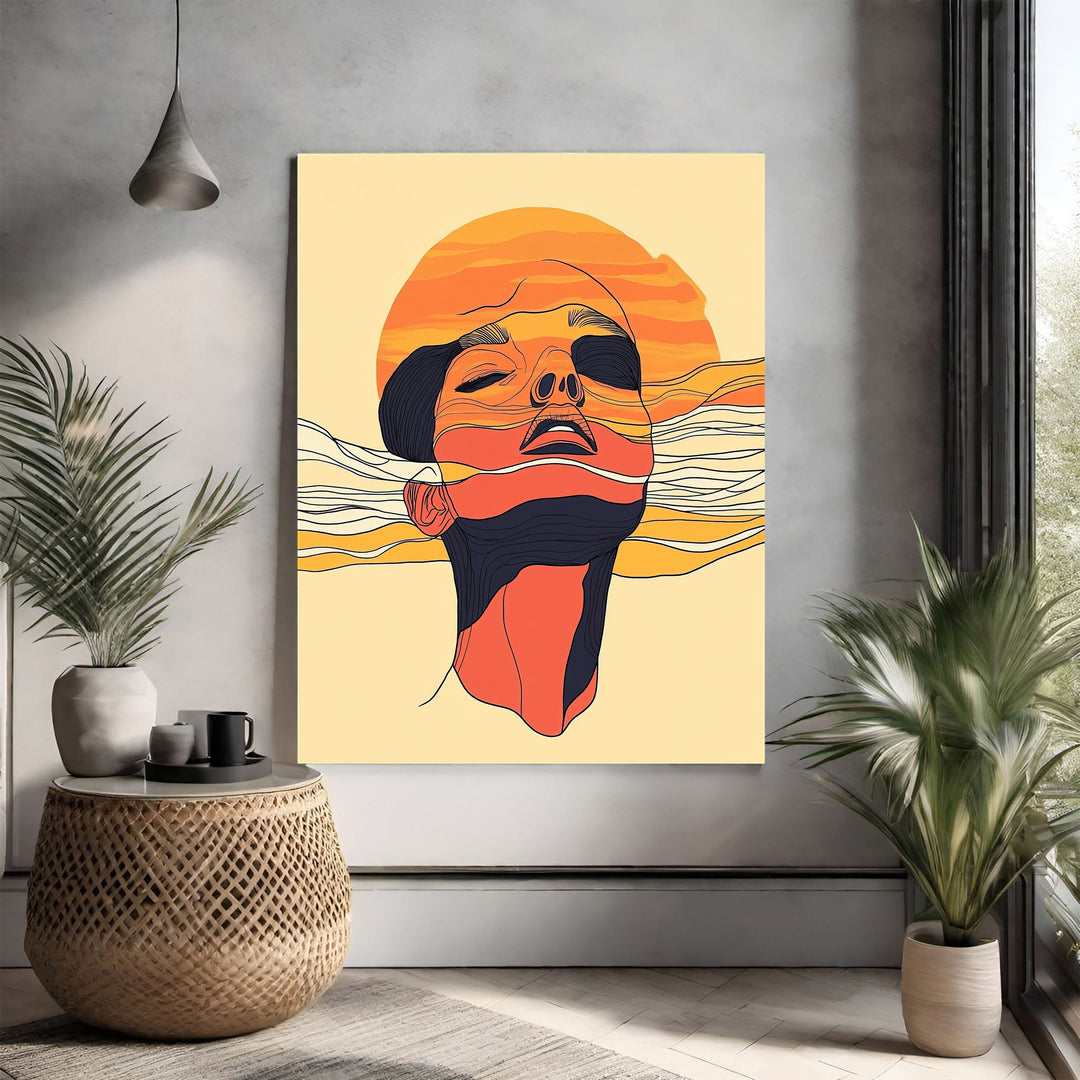 Wadi Home abstract face wall art with sunburst lines in orange, yellow, and blue. Modern line drawing.