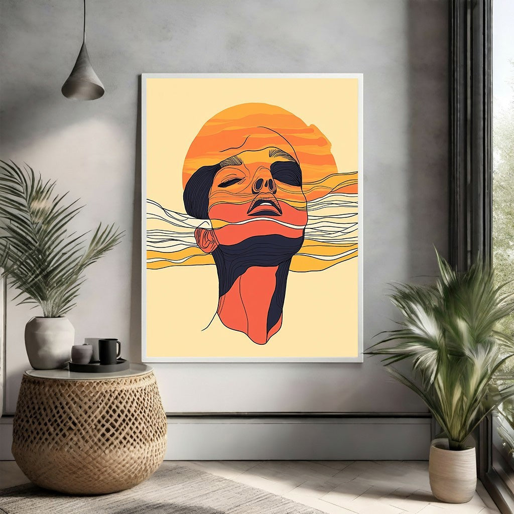Wadi Home abstract face wall art with sunburst lines in orange, yellow, and blue. Modern line drawing.