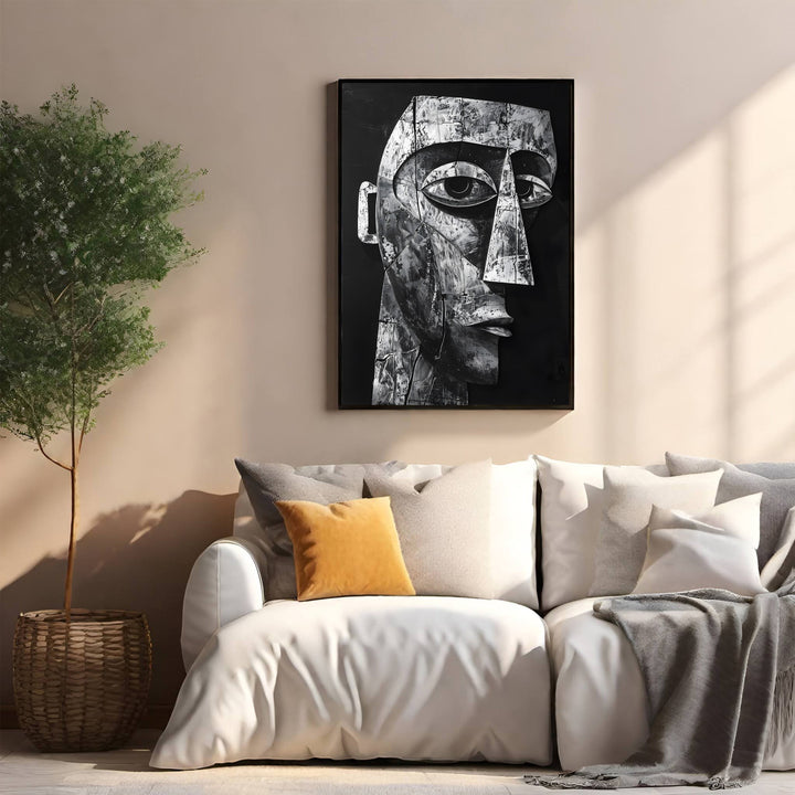 Wadi Home abstract monochrome face wall art with intricate details and bold modern aesthetic.