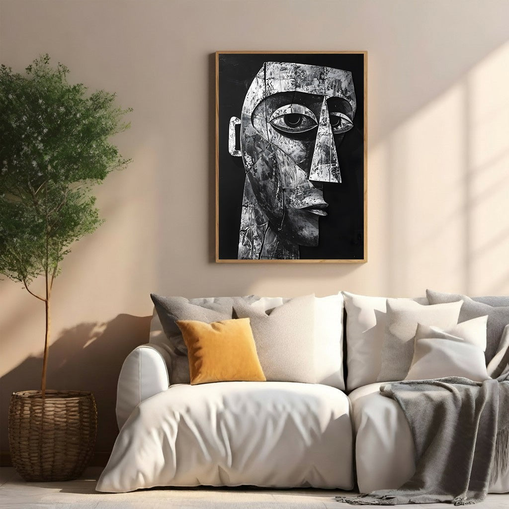 Wadi Home abstract monochrome face wall art with intricate details and bold modern aesthetic.