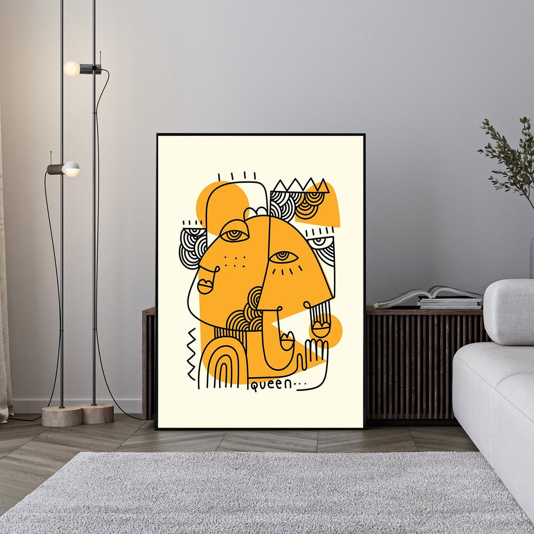 Wadi Home abstract wall art featuring two yellow and black intertwined faces with minimalist line work.
