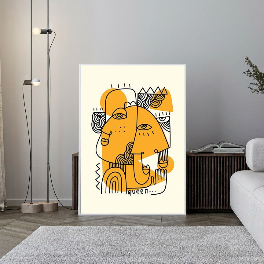 Wadi Home abstract yellow and black line art print featuring two intertwined faces with minimalist design.