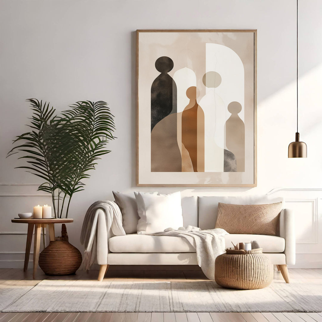 Wadi Home abstract family figures wall art in beige, brown, and black. Modern minimalist print.