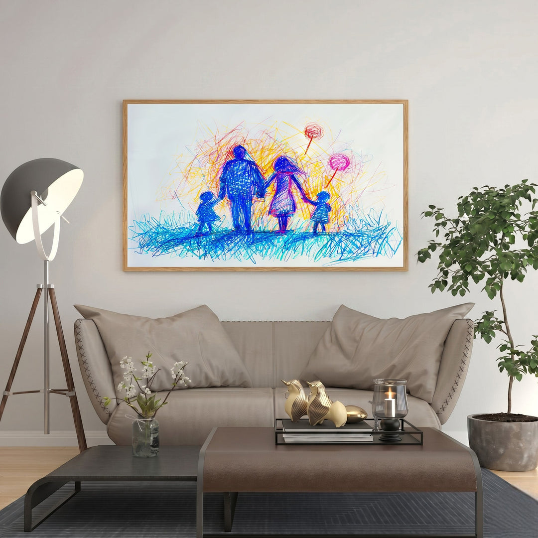 Wadi Home abstract family portrait with balloons in blue, orange, and yellow scribbled style.