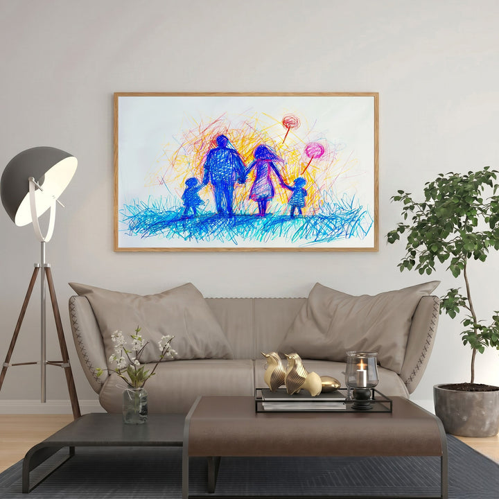 Wadi Home abstract family portrait with balloons in blue, orange, and yellow scribbled style.