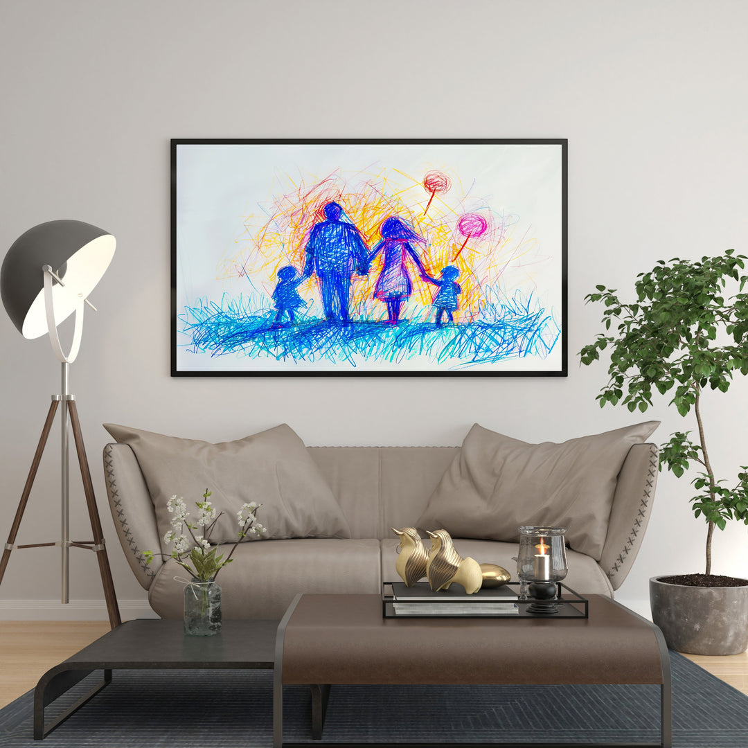 Wadi Home abstract family portrait with balloons in blue, orange, and yellow scribbled style. Features a family silhouette holding balloons.