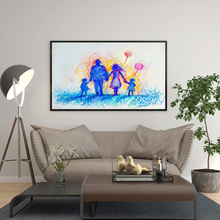 Wadi Home abstract family portrait with balloons in blue, orange, and yellow scribbled style. Features a family silhouette holding balloons.