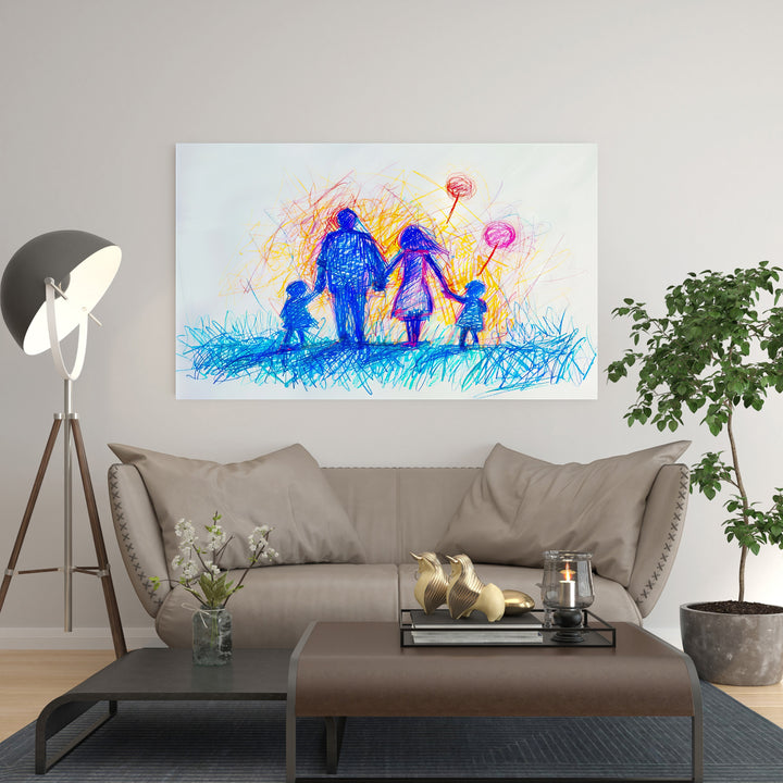 Wadi Home abstract family portrait with balloons, featuring blue, orange, and yellow scribbled art of a family holding balloons.