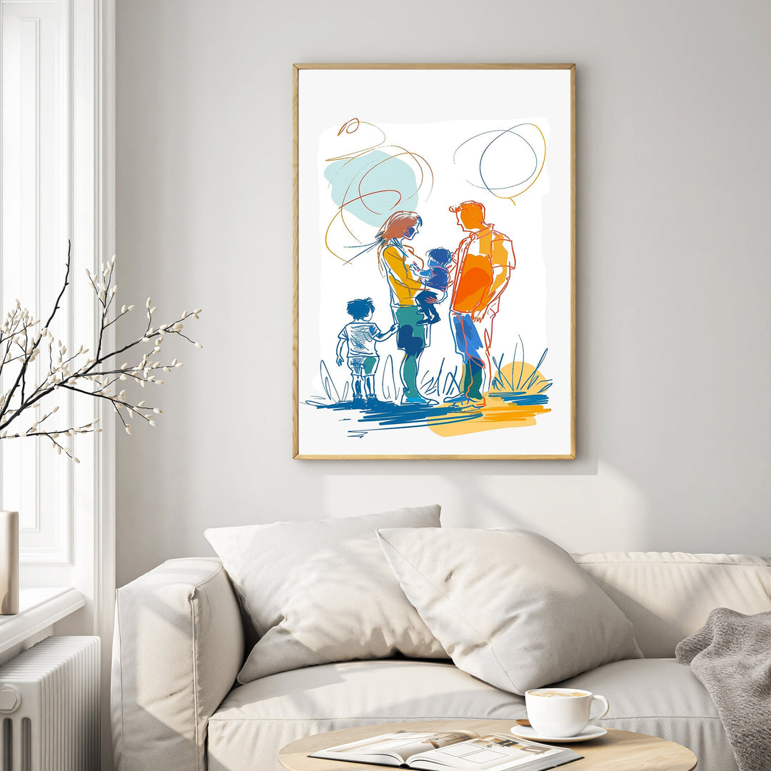 Wadi Home abstract family portrait wall art with orange, blue, and yellow colors. Features a family of four in a sketch style.
