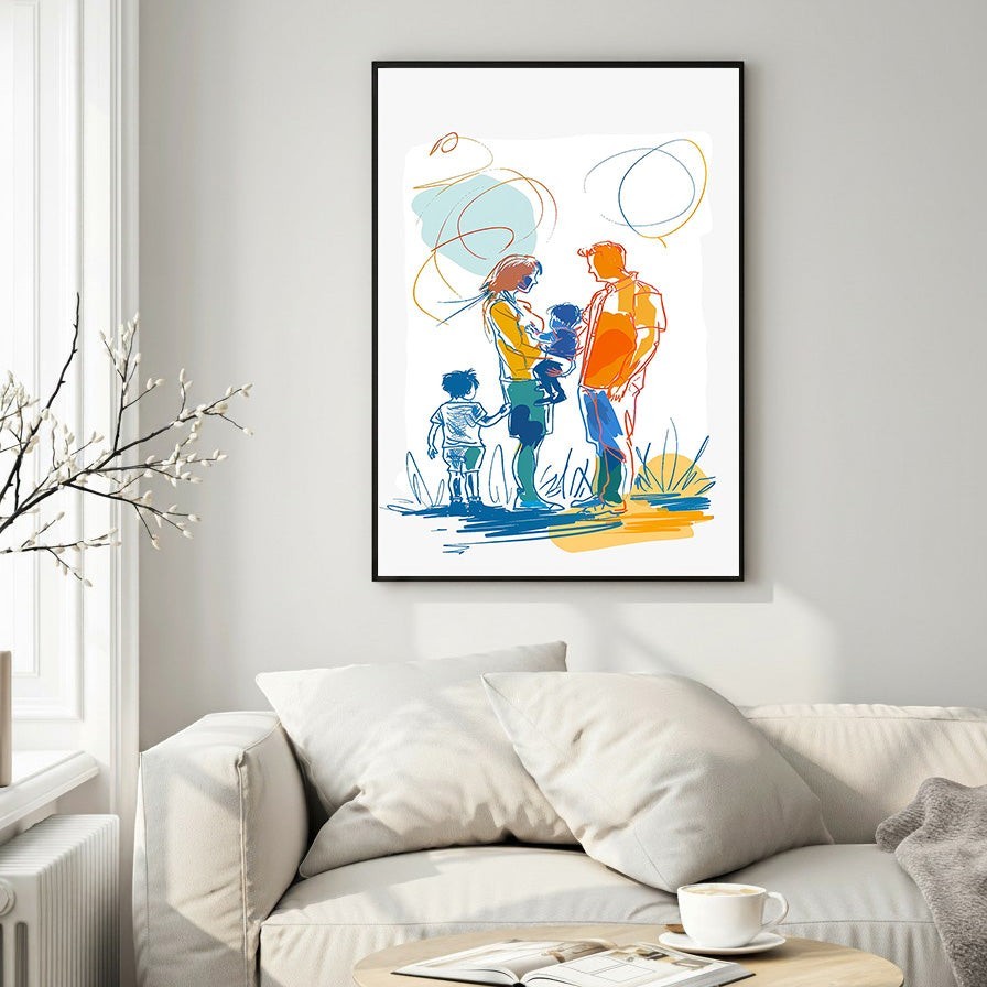 Wadi Home abstract family portrait wall art with orange, blue, and yellow abstract lines and figures.