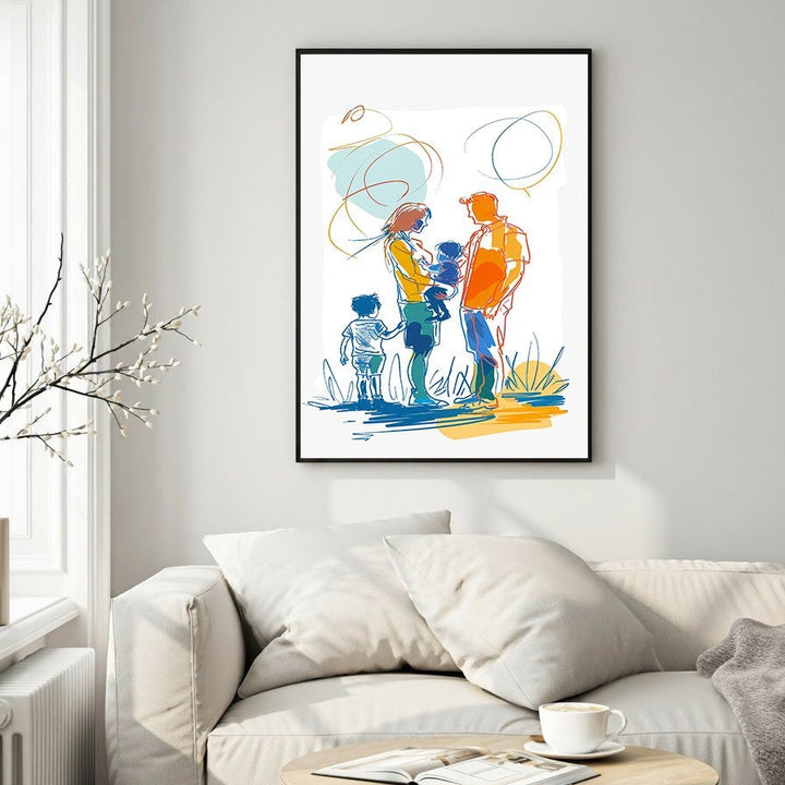 Wadi Home abstract family portrait wall art with orange, blue, and yellow abstract lines and figures.