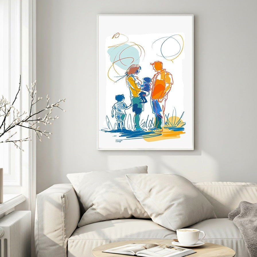 Wadi Home abstract family portrait wall art with orange, blue, and yellow accents. Features a family of four in a modern line drawing style.