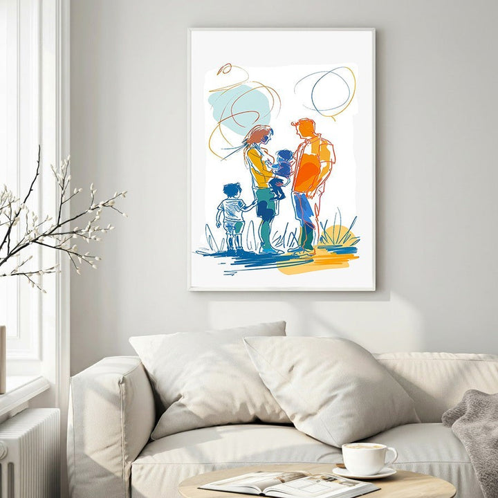 Wadi Home abstract family portrait wall art with orange, blue, and yellow accents. Features a family of four in a modern line drawing style.