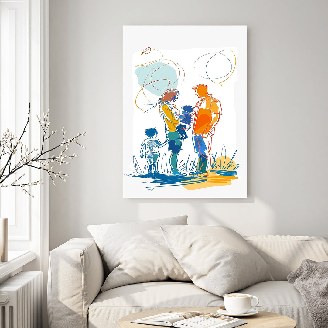 Wadi Home abstract family portrait wall art with orange, blue, and yellow abstract lines and figures of parents holding children.