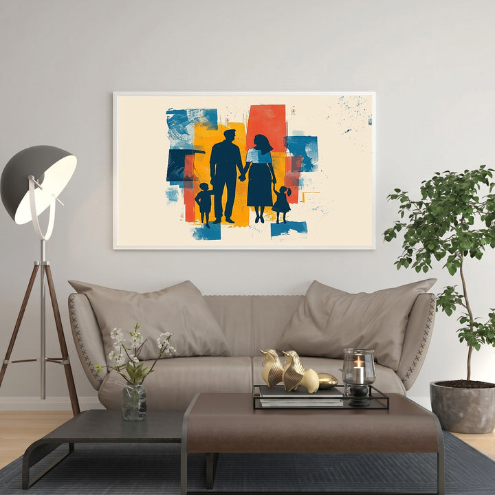 Wadi Home abstract family silhouette wall art with bold blocks of blue, yellow, and orange. Features silhouetted figures holding hands.