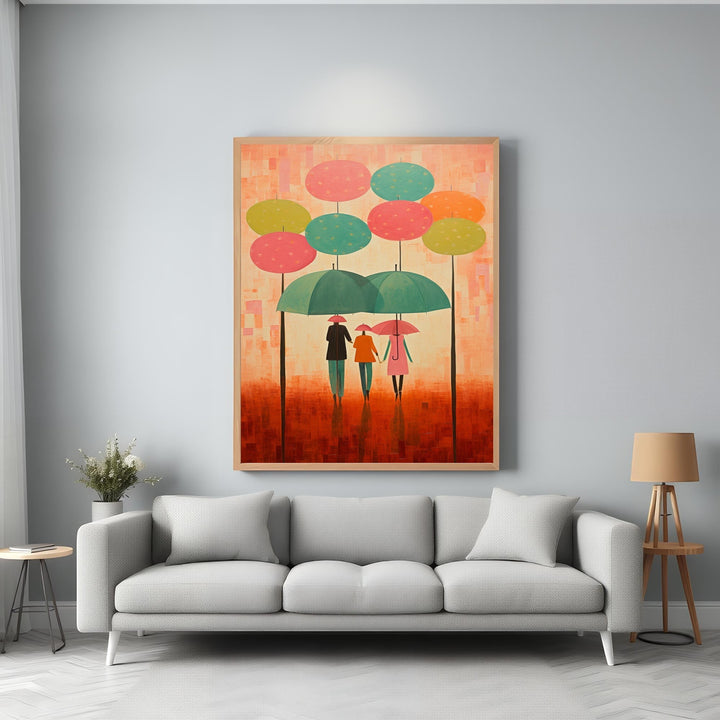 Wadi Home abstract wall art of a family under teal umbrellas with colorful circles above. Warm palette.